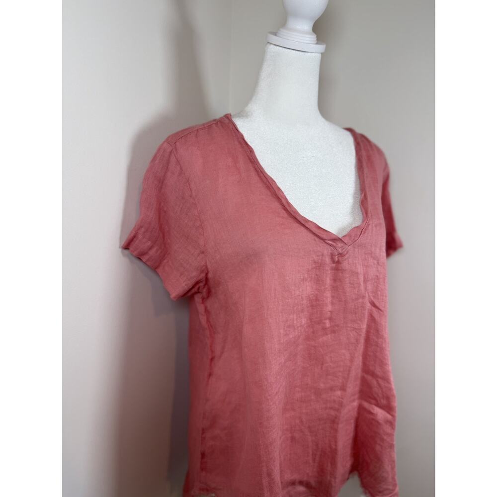 Bella Dahl Linen V Neck Top Peach Short Sleeve Raw Hem Women's M Boho Lagenlook - Picture 7 of 11
